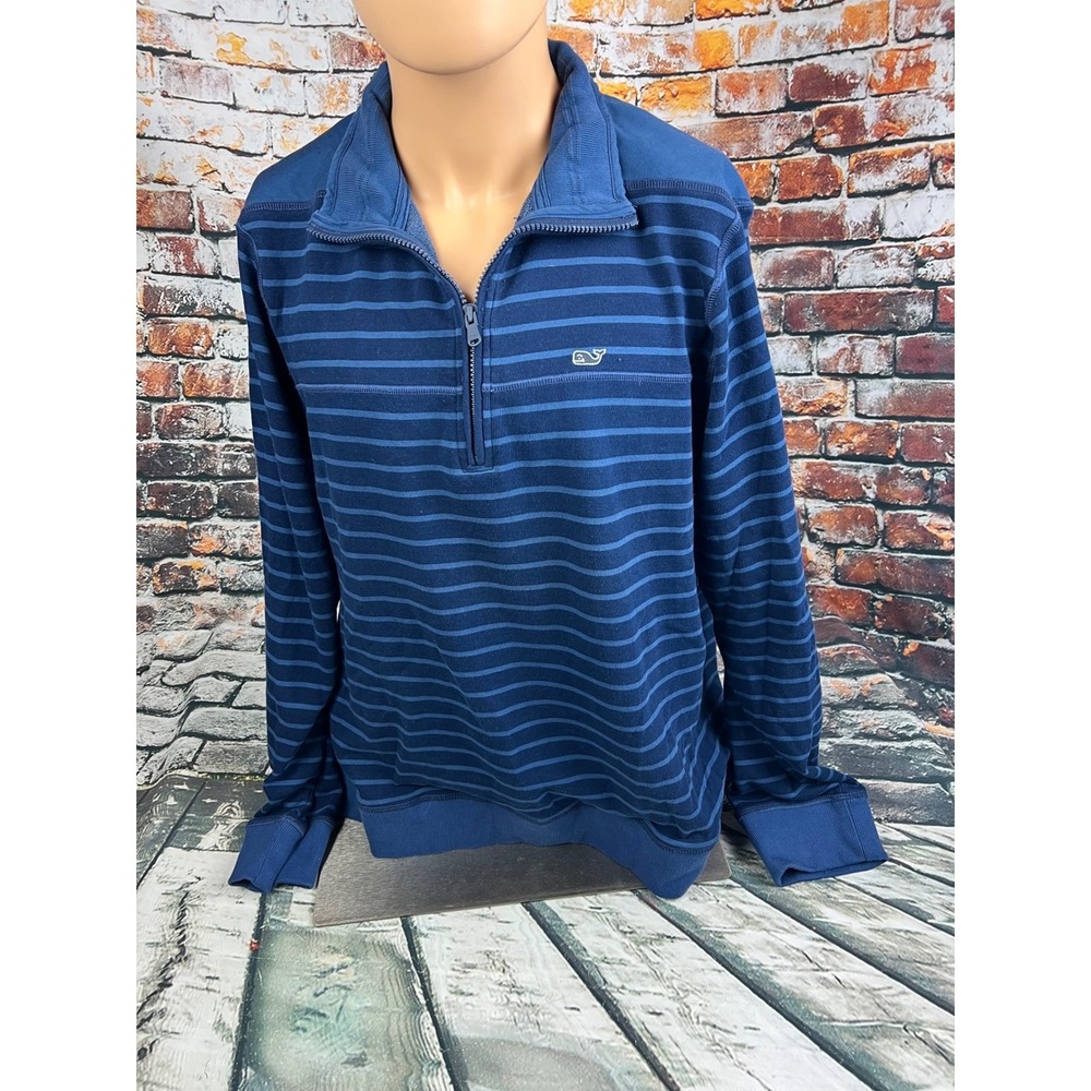 Vineyard Vines Mens XL Navy Blue Striped Quarter‎ Zip Pullover Sweatshirt Whale